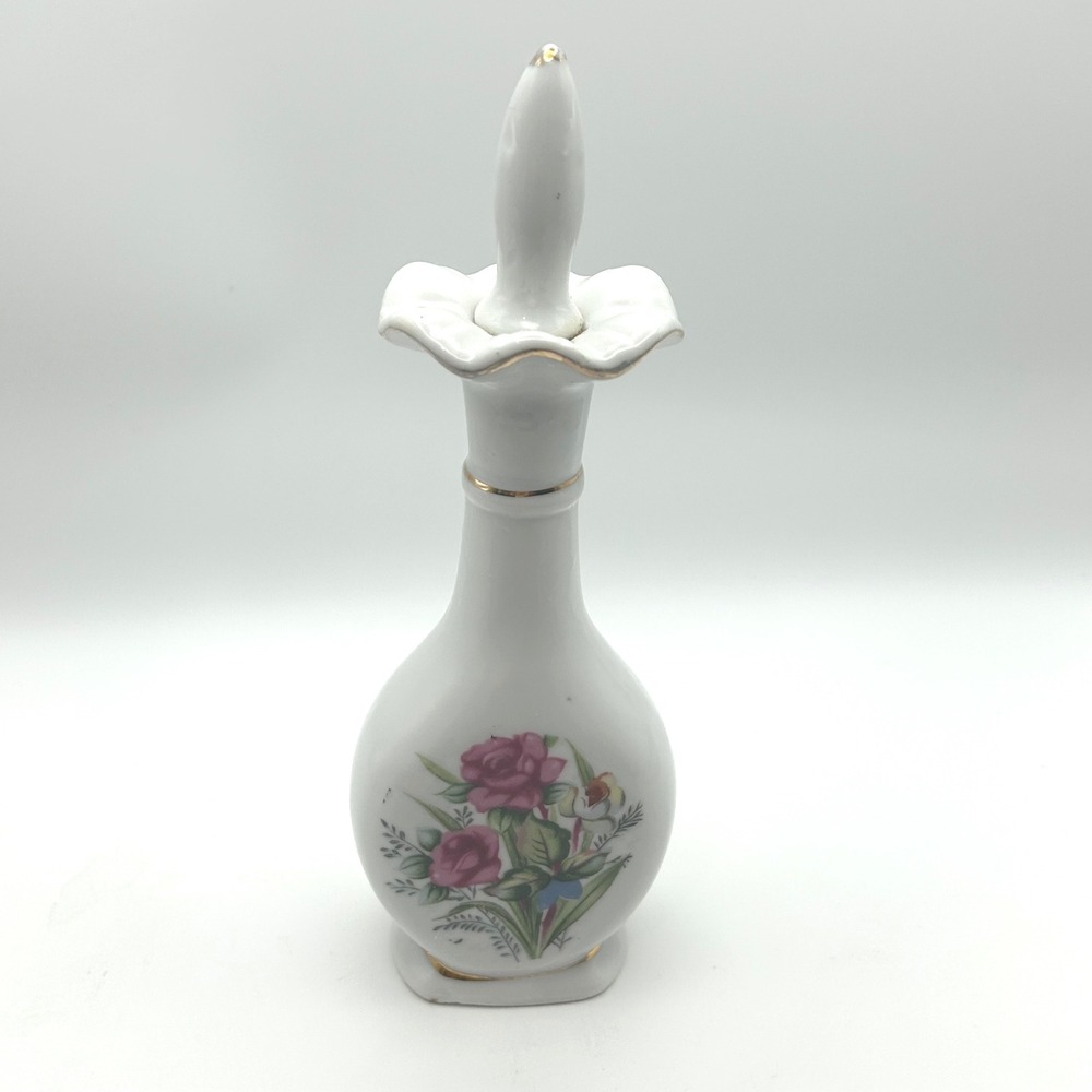 Vintage‎ Ceramic Perfume Bottle Floral Design Gold Trim Stopper Decanter Japan